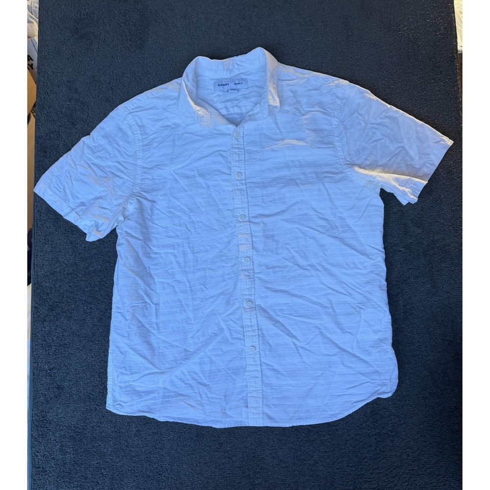 Old Navy Mens XL White Textured Stripe Short Sleeve Button Down Relaxed Shirt